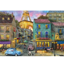 Bunte Pariser Straßenszene bei Sonnenuntergang mit Eiffelturm im Hintergrund, Passanten und Oldtimern.