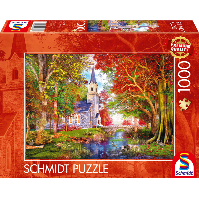 Schmidt Puzzle mit 1000 Teilen: Herbstlandschaft mit Kirche am Fluss auf dem Karton abgebildet.