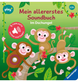 Drei Cartoon-Affen im Dschungel auf dem Cover des Ravensburger 45628 Soundbuchs für Kinder ab 12 Monaten.