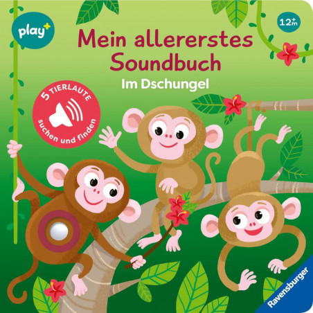 Drei Cartoon-Affen im Dschungel auf dem Cover des Ravensburger 45628 Soundbuchs für Kinder ab 12 Monaten.