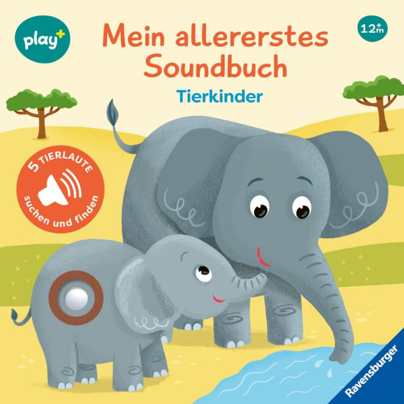 Zwei gezeichnete Elefanten am Wasser mit Bäumen auf dem Cover von Ravensburger 45629 Mein allererstes Soundbuch: Tierkinder.