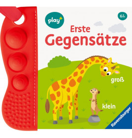 Kinderbuchcover mit Giraffe und Erdmännchen, beschriftet mit groß und klein, dazu ein rotes Pop-it an der Seite.