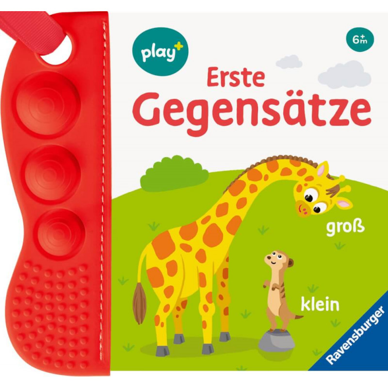 Kinderbuchcover mit Giraffe und Erdmännchen, beschriftet mit groß und klein, dazu ein rotes Pop-it an der Seite.