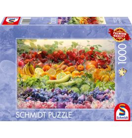 Schmidt Puzzle mit 1000 Teilen und Motiv bunter, regenbogenartig angeordneter Früchte.
