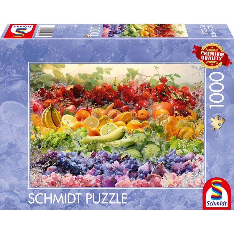 Schmidt Puzzle mit 1000 Teilen und Motiv bunter, regenbogenartig angeordneter Früchte.