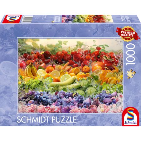 Schmidt Puzzle mit 1000 Teilen und Motiv bunter, regenbogenartig angeordneter Früchte.