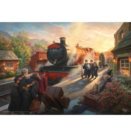 Ein Dampfzug steht an einem sonnigen Bahnsteig, umgeben von Schülern in Umhängen, Gepäck und einer Eule im Käfig.