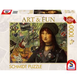 Puzzlebox mit Mona Lisa im Punkstil, Tattoos, Piercings und Aufklebern von Rockbands.