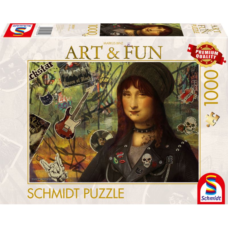 Puzzlebox mit Mona Lisa im Punkstil, Tattoos, Piercings und Aufklebern von Rockbands.
