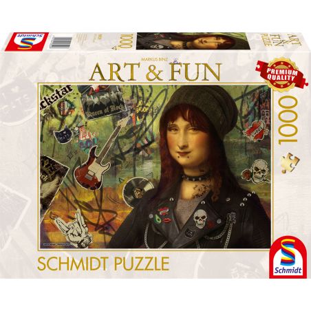 Puzzlebox mit Mona Lisa im Punkstil, Tattoos, Piercings und Aufklebern von Rockbands.