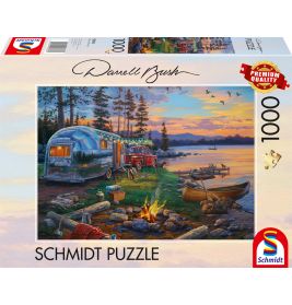 Schmidt Puzzle mit 1000 Teilen: Das Motiv zeigt einen Campingplatz am See mit Wohnwagen, Kanu, Lagerfeuer und Oldtimer.