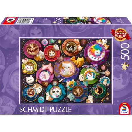 Bunte 500-Teile-Schmidt-Puzzlebox mit Kaffeetassen und Katzendesign auf lila Hintergrund.