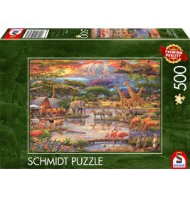 Schmidt-Puzzle (500 Teile) mit farbenfroher afrikanischer Tierwelt an einer Wasserstelle.