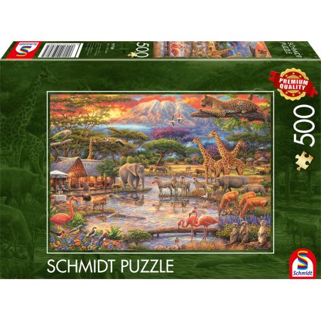 Schmidt-Puzzle (500 Teile) mit farbenfroher afrikanischer Tierwelt an einer Wasserstelle.