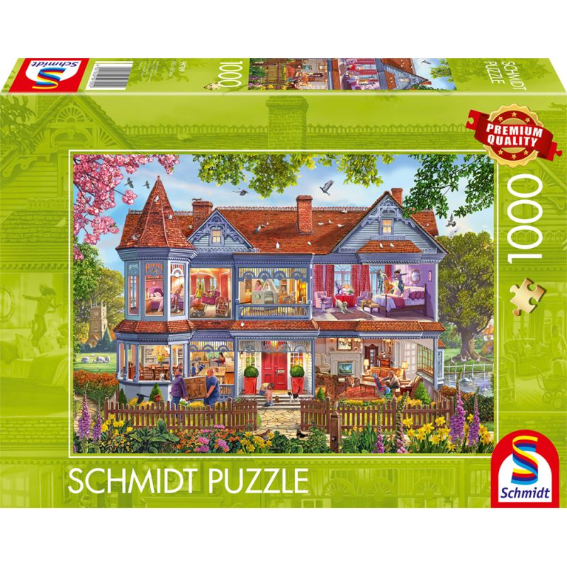 Schmidt Puzzle, 1000 Teile: Schachtel mit detailreicher Illustration eines viktorianischen Hauses und Gartens. Schmidt Puzzle, 1000 Teile: Schachtel mit detailreicher Illustration eines viktorianischen Hauses und Gartens.