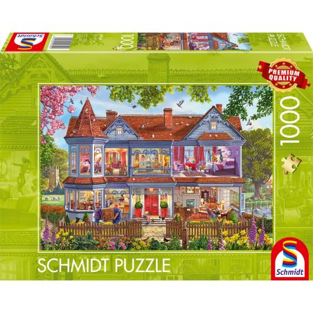 Schmidt Puzzle, 1000 Teile: Schachtel mit detailreicher Illustration eines viktorianischen Hauses und Gartens.