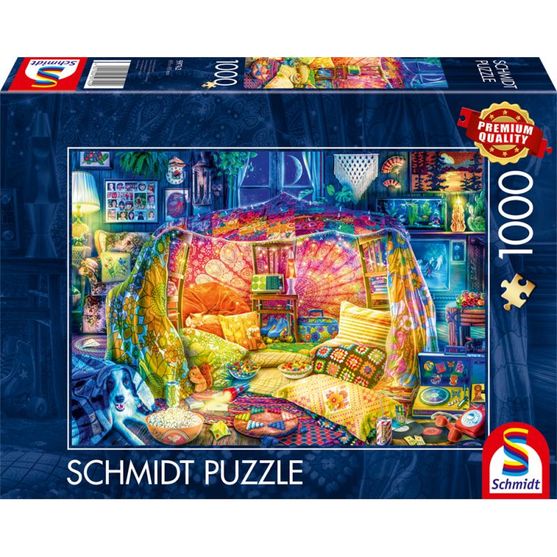 Auf einer Schmidt Puzzlebox (1000 Teile) ist eine bunte, gemütliche Deckenhöhle mit Kissen und Lichtern abgebildet.