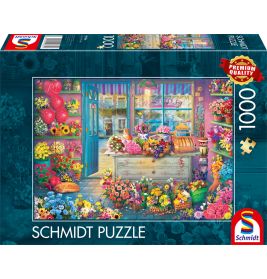 Schmidt Puzzle mit 1000 Teilen, zeigt eine bunte Blumenladen-Szene mit vielen verschiedenen Blumen.