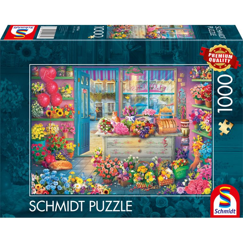 Schmidt Puzzle mit 1000 Teilen, zeigt eine bunte Blumenladen-Szene mit vielen verschiedenen Blumen.