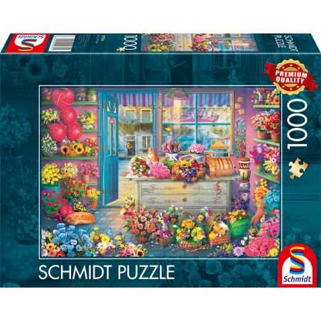 Schmidt Puzzle mit 1000 Teilen, zeigt eine bunte Blumenladen-Szene mit vielen verschiedenen Blumen.