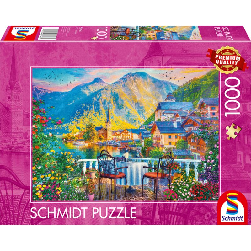 Schmidt Puzzle mit 1000 Teilen: Motiv zeigt malerisches Seedorf mit Bergen und Blumen. Schmidt Puzzle mit 1000 Teilen: Motiv zeigt malerisches Seedorf mit Bergen und Blumen.