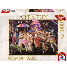 Schachtel mit 1000-Teile-Schmidt-Puzzle, zeigt buntes, verspieltes Kunstwerk mit tanzenden Figuren.