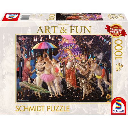 Schachtel mit 1000-Teile-Schmidt-Puzzle, zeigt buntes, verspieltes Kunstwerk mit tanzenden Figuren.