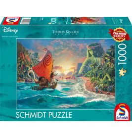 Schmidt Puzzle mit 1000 Teilen: Disneys Moana segelt auf dem Ozean, im Hintergrund ist Inselkulisse zu sehen.