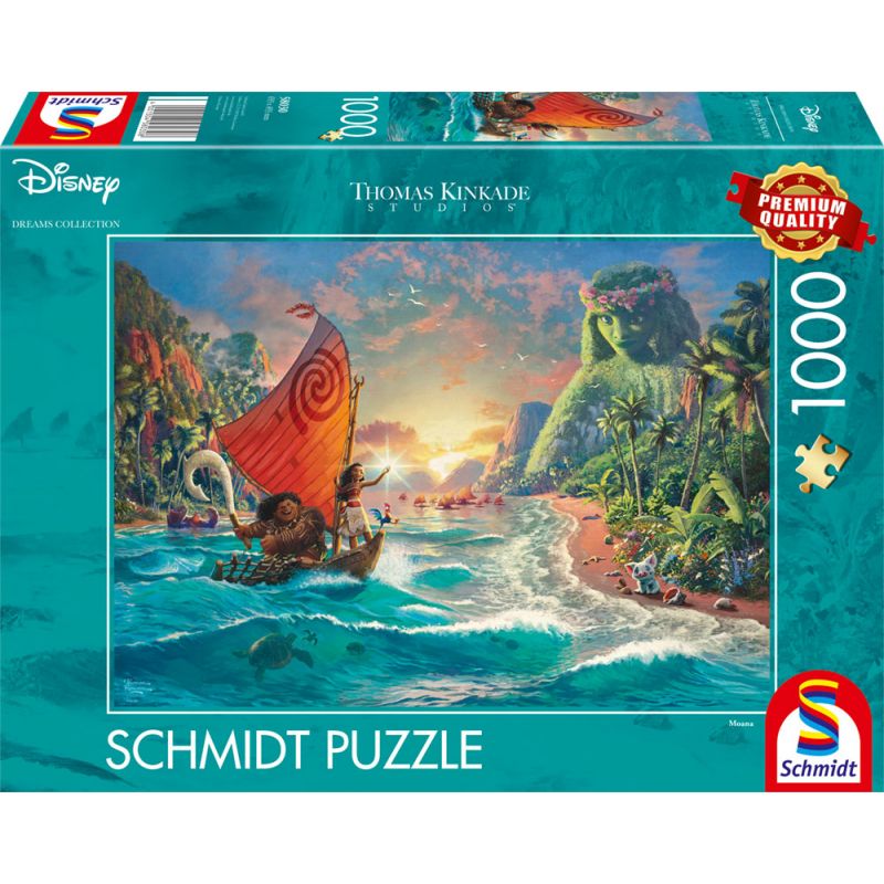 Schmidt Puzzle mit 1000 Teilen: Disneys Moana segelt auf dem Ozean, im Hintergrund ist Inselkulisse zu sehen. Schmidt Puzzle mit 1000 Teilen: Disneys Moana segelt auf dem Ozean, im Hintergrund ist Inselkulisse zu sehen.