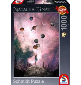 Mädchen mit planetenförmigen Ballons unter Sternenhimmel Schmidt Puzzle mit 1000 Teilen.