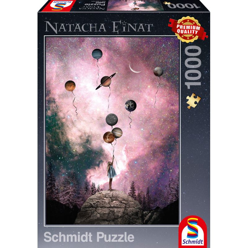 Mädchen mit planetenförmigen Ballons unter Sternenhimmel Schmidt Puzzle mit 1000 Teilen.