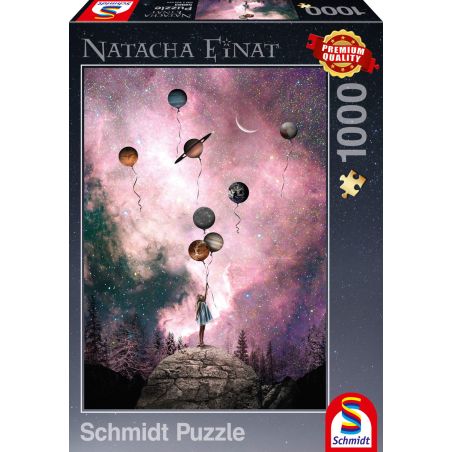Mädchen mit planetenförmigen Ballons unter Sternenhimmel Schmidt Puzzle mit 1000 Teilen.