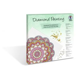 Diamond Painting Set mit farbigem Mandala-Motiv und glitzernden Steinen auf weißem Hintergrund.