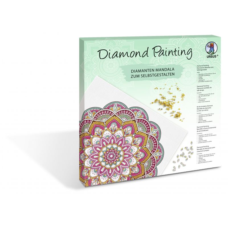 Diamond Painting Set mit farbigem Mandala-Motiv und glitzernden Steinen auf weißem Hintergrund. Diamond Painting Set mit farbigem Mandala-Motiv und glitzernden Steinen auf weißem Hintergrund.