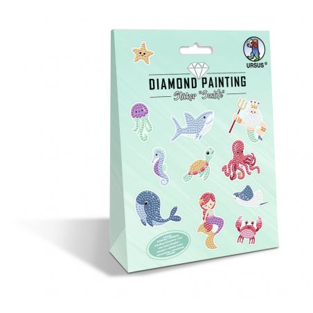 Schachtel mit Diamond-Painting-Stickern im Meeresstil: Meerjungfrauen, Wale, Fische und weitere Meeresmotive.