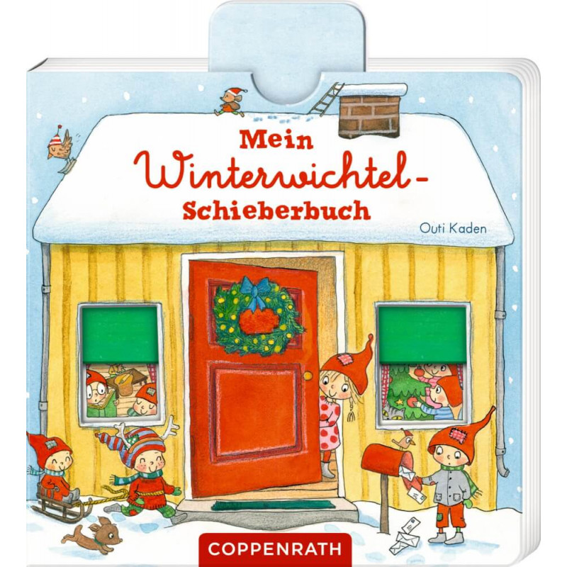 Illustration von Elfen, die aus einem gelben Haus mit Schnee und Weihnachtsdeko herausschauen.