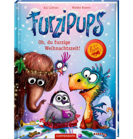 Buntes Kinderbuchcover mit niedlichen Cartoon-Tieren, Schneelandschaft und dem Titel Furzipups.