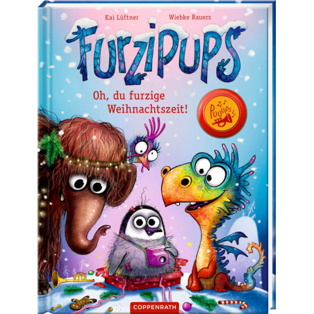 Buntes Kinderbuchcover mit niedlichen Cartoon-Tieren, Schneelandschaft und dem Titel Furzipups.