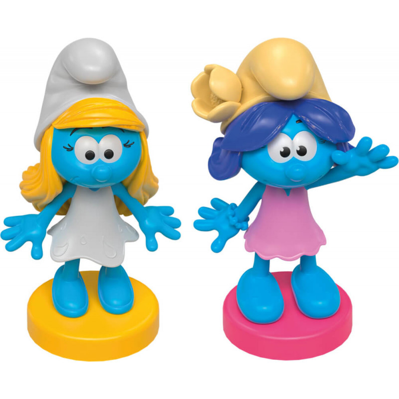 Zwei Schlumpf-Figuren aus dem Schmidt Spiele KIPU Puzzle Azrael in Schlumpfhausen mit ausgestreckten Armen.