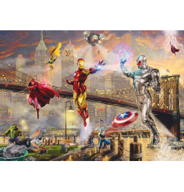 Marvel-Helden wie Iron Man und Hulk kämpfen auf einer Stadtbrücke gegen einen Riesenroboter vor beleuchteter Skyline.