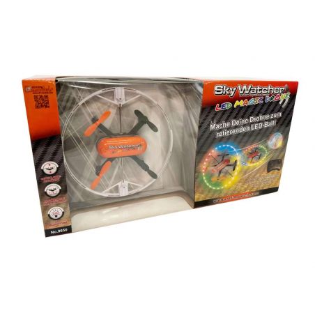 Sky Watcher LED Magic Ball Drohne in Verpackung mit bunten Lichtern auf der Box und deutschen Beschreibungen.