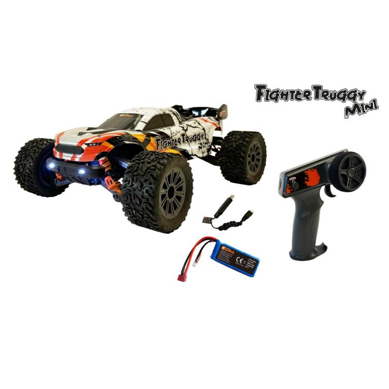 Ferngesteuertes Fighter-Truggy-Mini-Auto mit Controller, Akku und Ladekabeln.