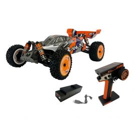 Ferngesteuertes Offroad-Auto mit großem Reifen, Funkfernsteuerung, Ladestation und USB-Kabel.