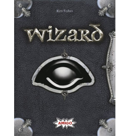 Cover des Kartenspiels Wizard von Ken Fisher mit großem schwarzem Auge und metallischer Schrift auf strukturiertem Grund.