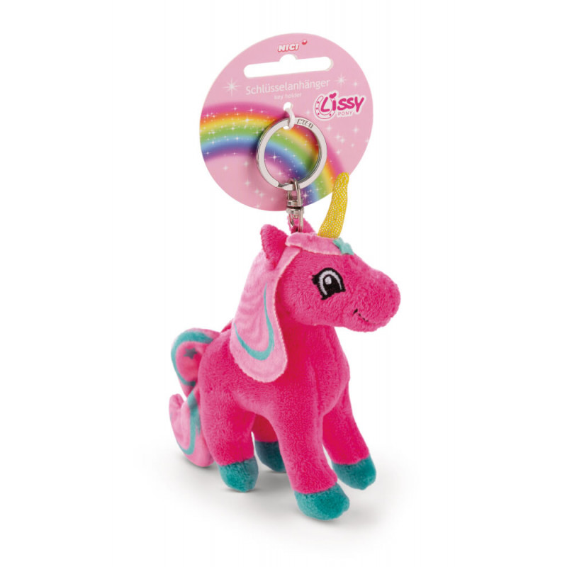 Plüsch-Einhorn-Schlüsselanhänger in Rosa mit blauen Hufen, pinker Mähne und Regenbogentag im Hintergrund.