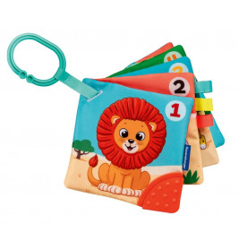 Buntes Baby-Stoffbuch mit Zahlen, Tierillustrationen und grünem Kunststoffring zum Aufhängen oder Tragen.