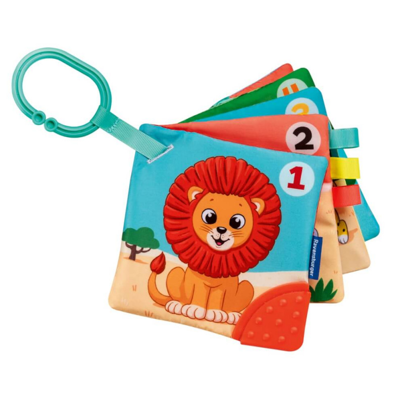 Buntes Baby-Stoffbuch mit Zahlen, Tierillustrationen und grünem Kunststoffring zum Aufhängen oder Tragen.