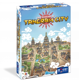 Schachtel des Spiels Tangram City mit bunten, illustrierten Stadtgebäuden und Pagoden.