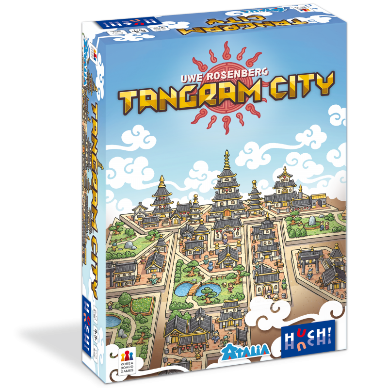 Schachtel des Spiels Tangram City mit bunten, illustrierten Stadtgebäuden und Pagoden. Schachtel des Spiels Tangram City mit bunten, illustrierten Stadtgebäuden und Pagoden.