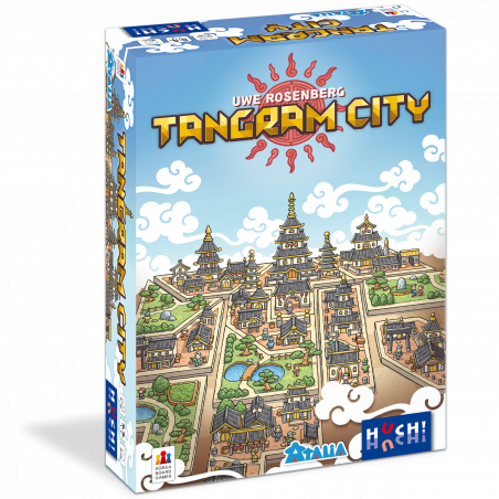 Schachtel des Spiels Tangram City mit bunten, illustrierten Stadtgebäuden und Pagoden. Schachtel des Spiels Tangram City mit bunten, illustrierten Stadtgebäuden und Pagoden.